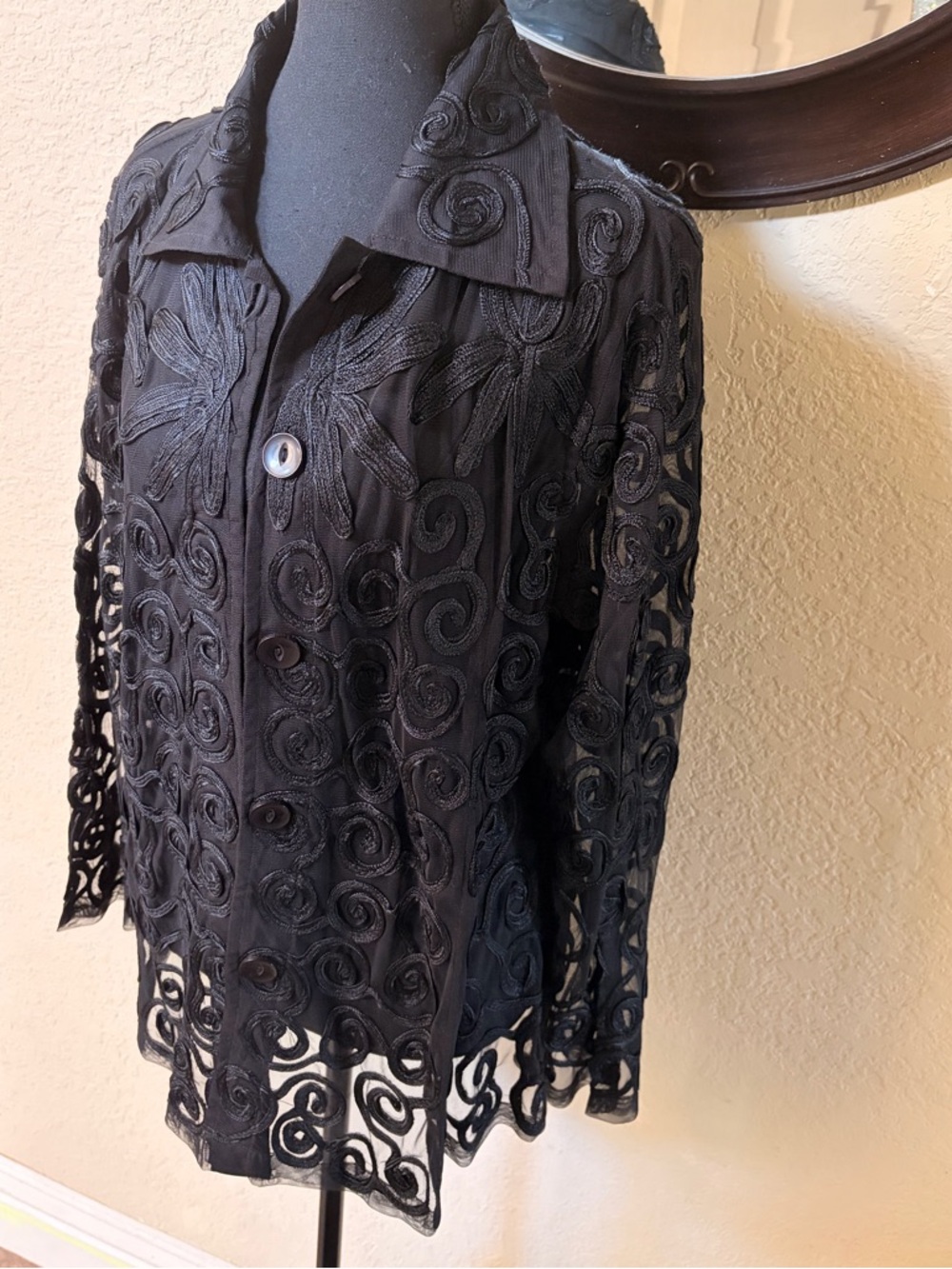 Black Lace Overlay Button-Front Blazer Jacket